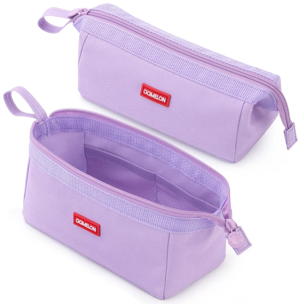 Purple polyester pencil case with side handle and zip closure