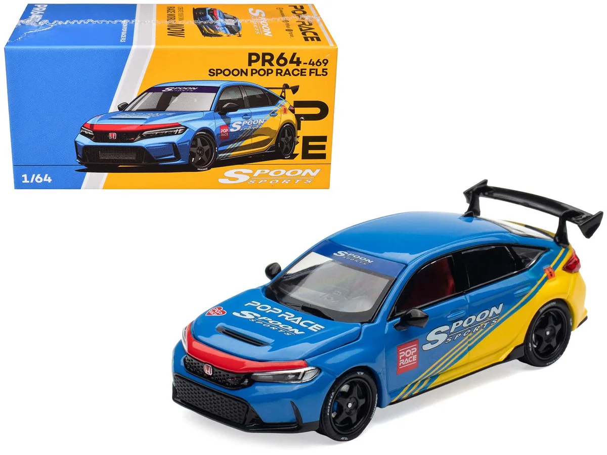 Pop Race Pop Race Honda Civic Type R FL5 Spoon Sports Blue Yellow Tokyo Auto Salon Hong Kong 2025 1/64 Diecast Car — product photo