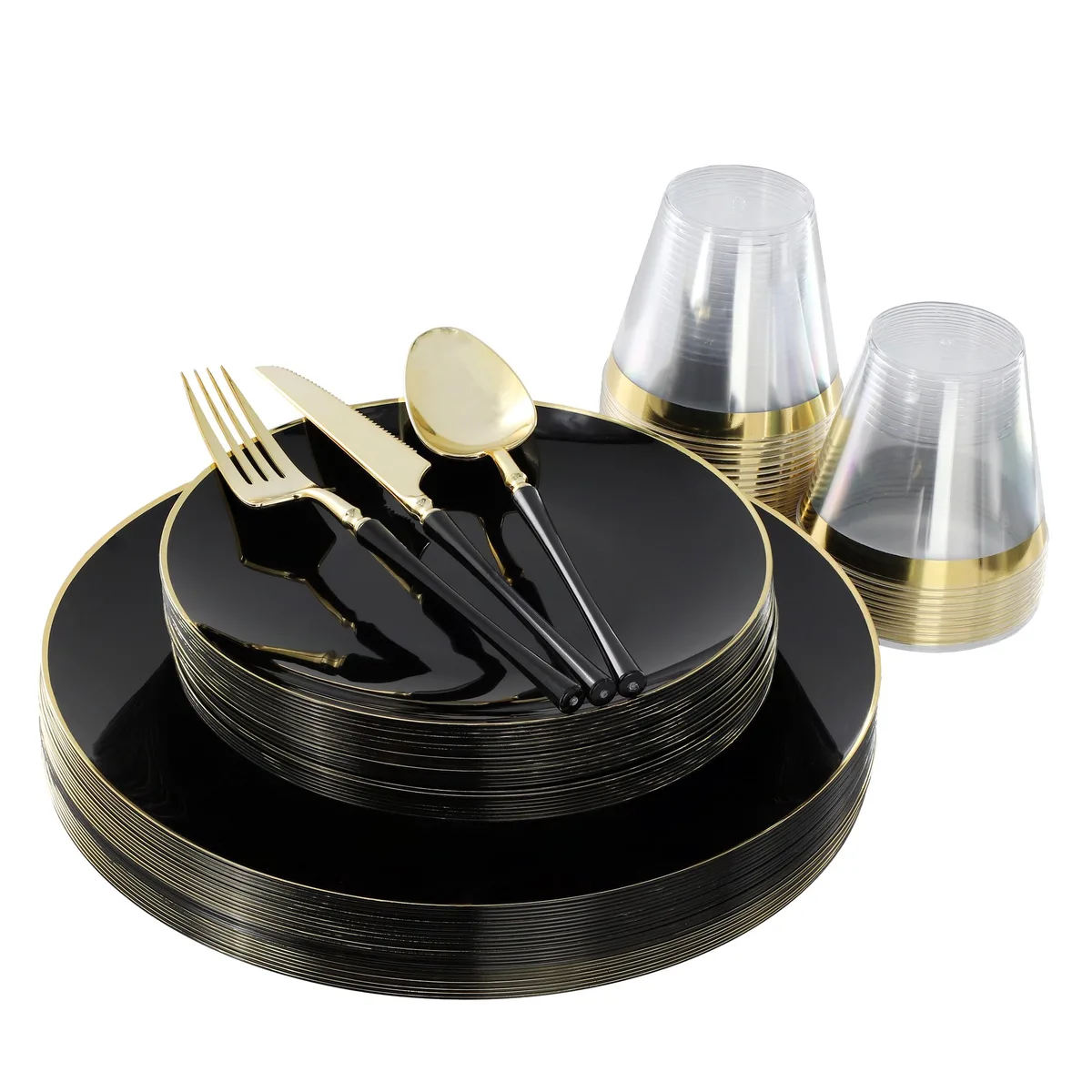 Elama Elama 150 Piece Disposable Plastic Dinnerware Set for 25 Guests Black Gold Trim — product photo