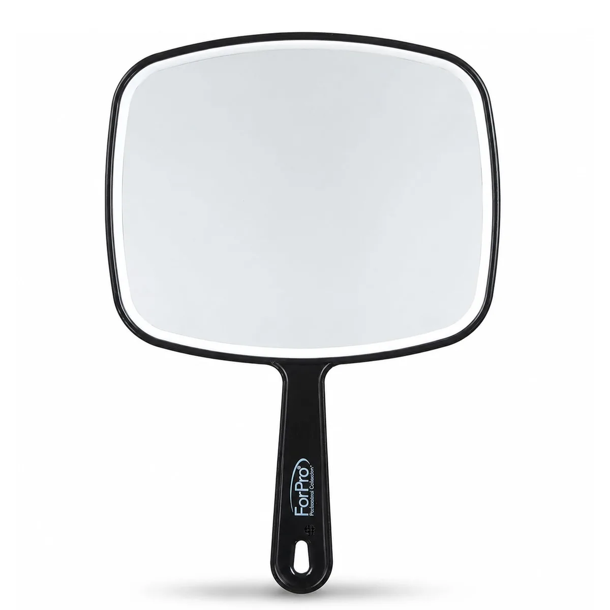 Black square handheld mirror with long handle and hang hole, 9.6 by 6.3 inches