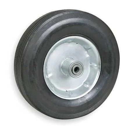 Solid black wheel, twelve inch diameter, ribbed tread, steel hub