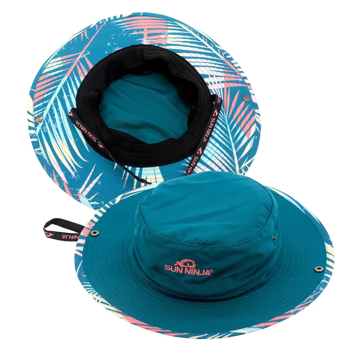 Black wide-brim bucket hat with adjustable chin strap and cooling band