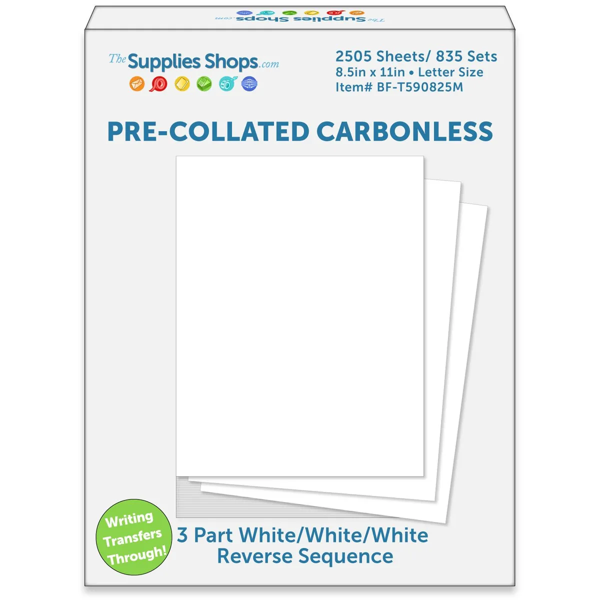 Carton of white carbonless paper sheets, 8-1/2 by 11 inches, reverse sequence, 2505 sheets