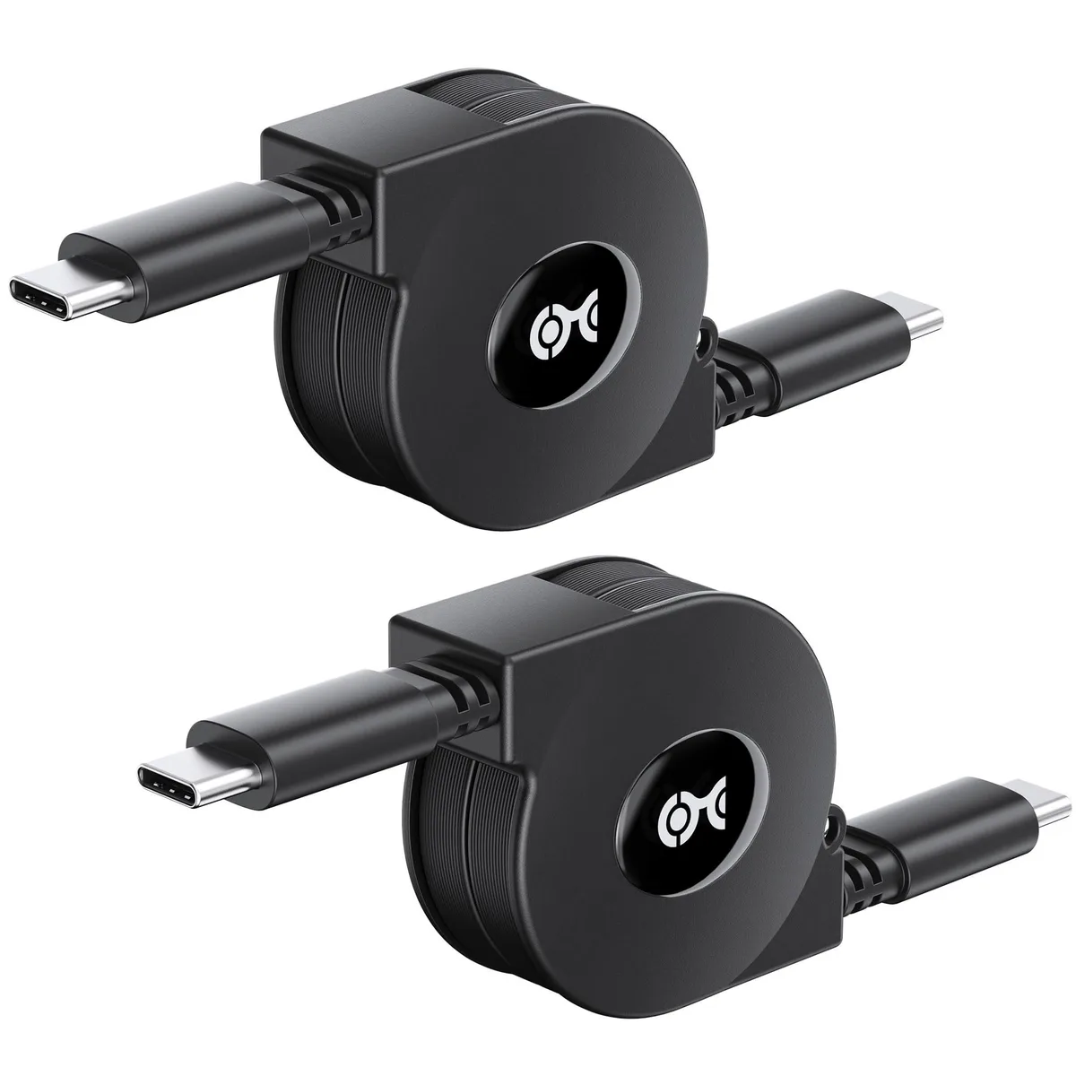 Two black retractable USB-C cables coiled in compact plastic housings
