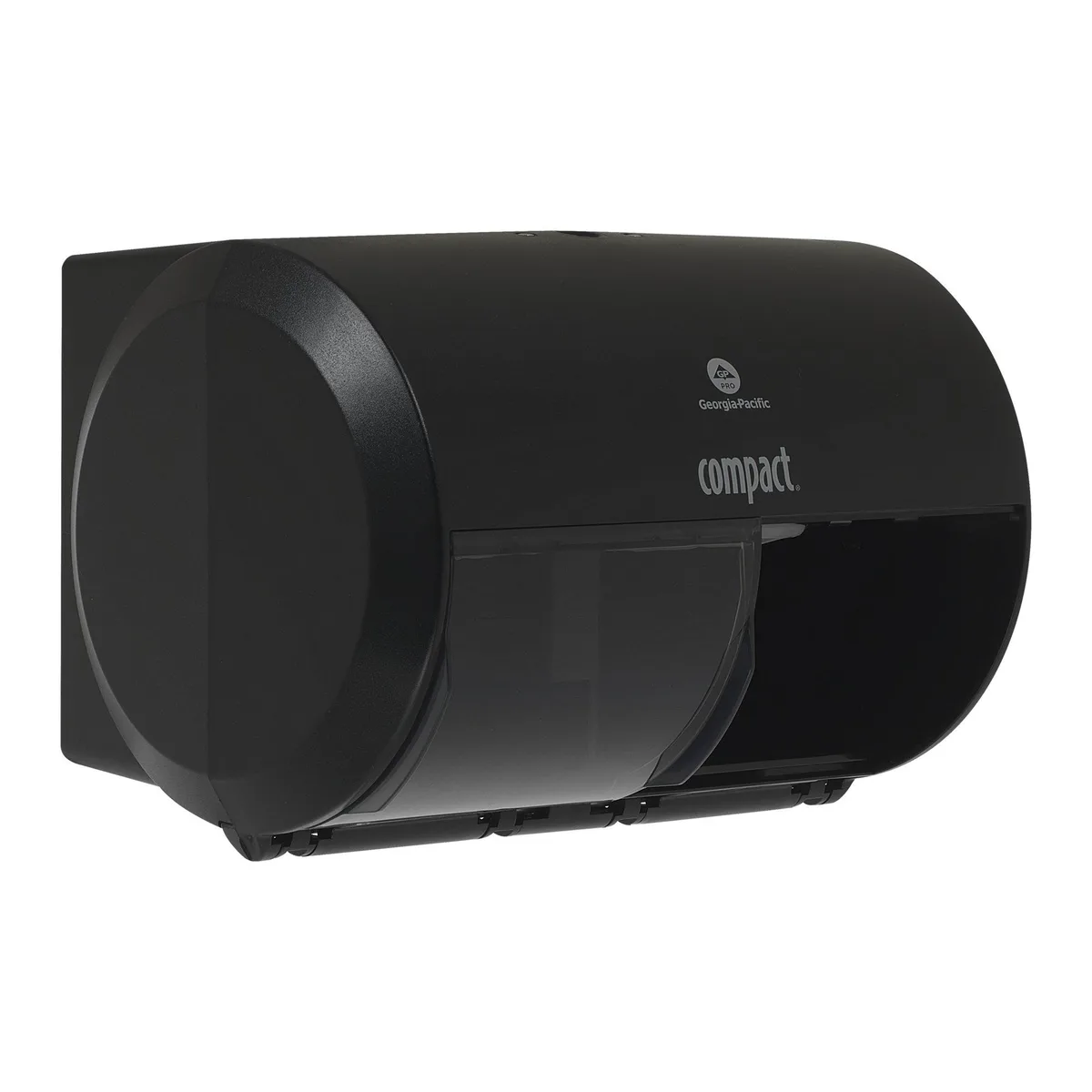 Black rectangular wall-mounted dispenser holding two coreless toilet rolls side by side