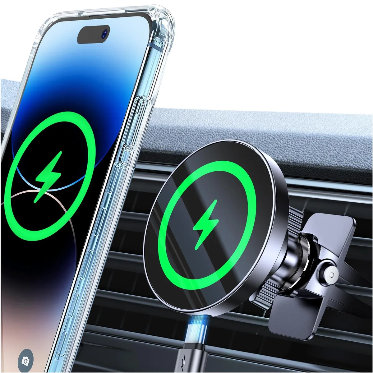 Compact black circular MagSafe car charger with vent clip and adhesive mount