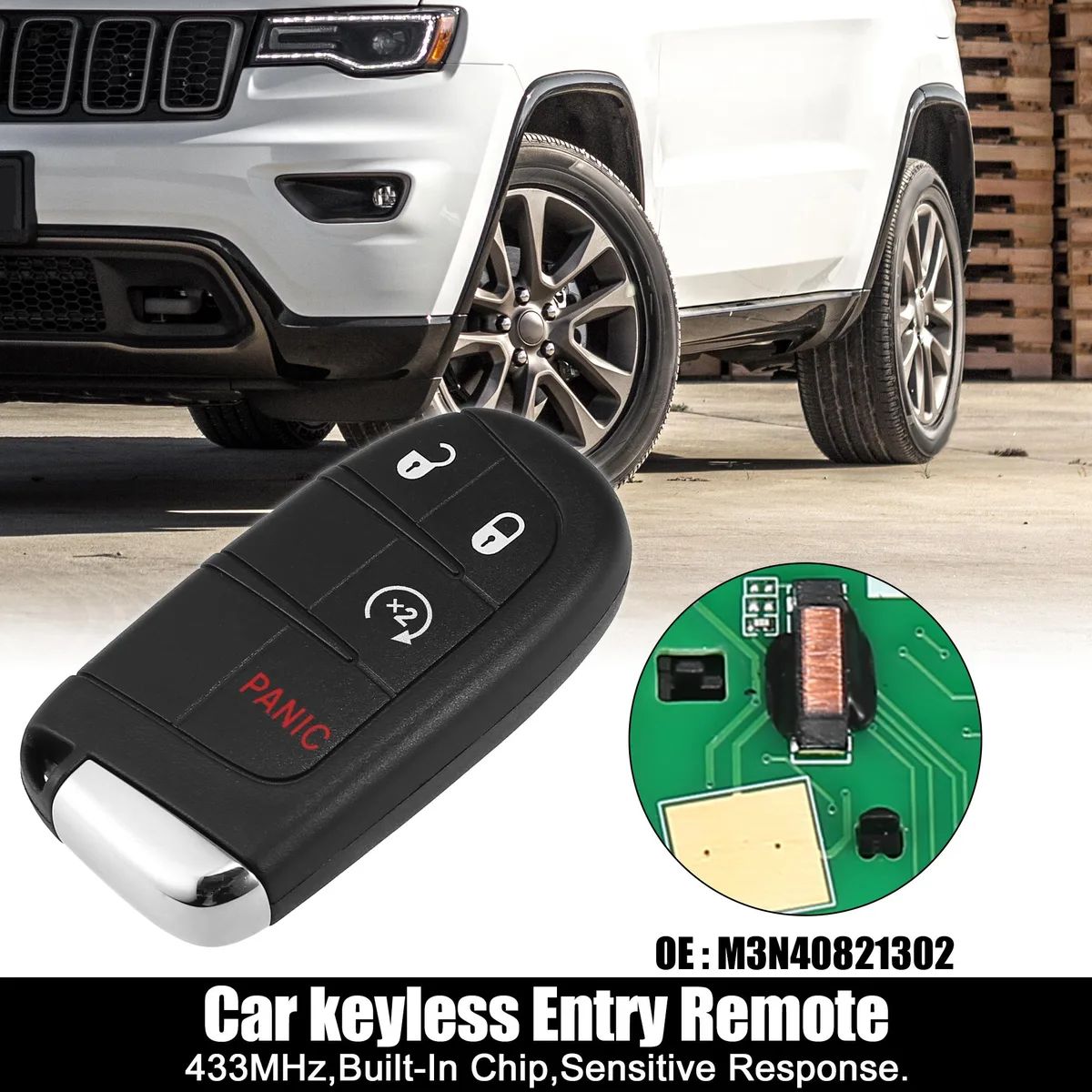 Unique-Bargains Unique-Bargains M3N40821302 433MHz 46 Chip 4-Button Key Fob with Door Key for Jeep Grand Cherokee 2014-2019 — product photo