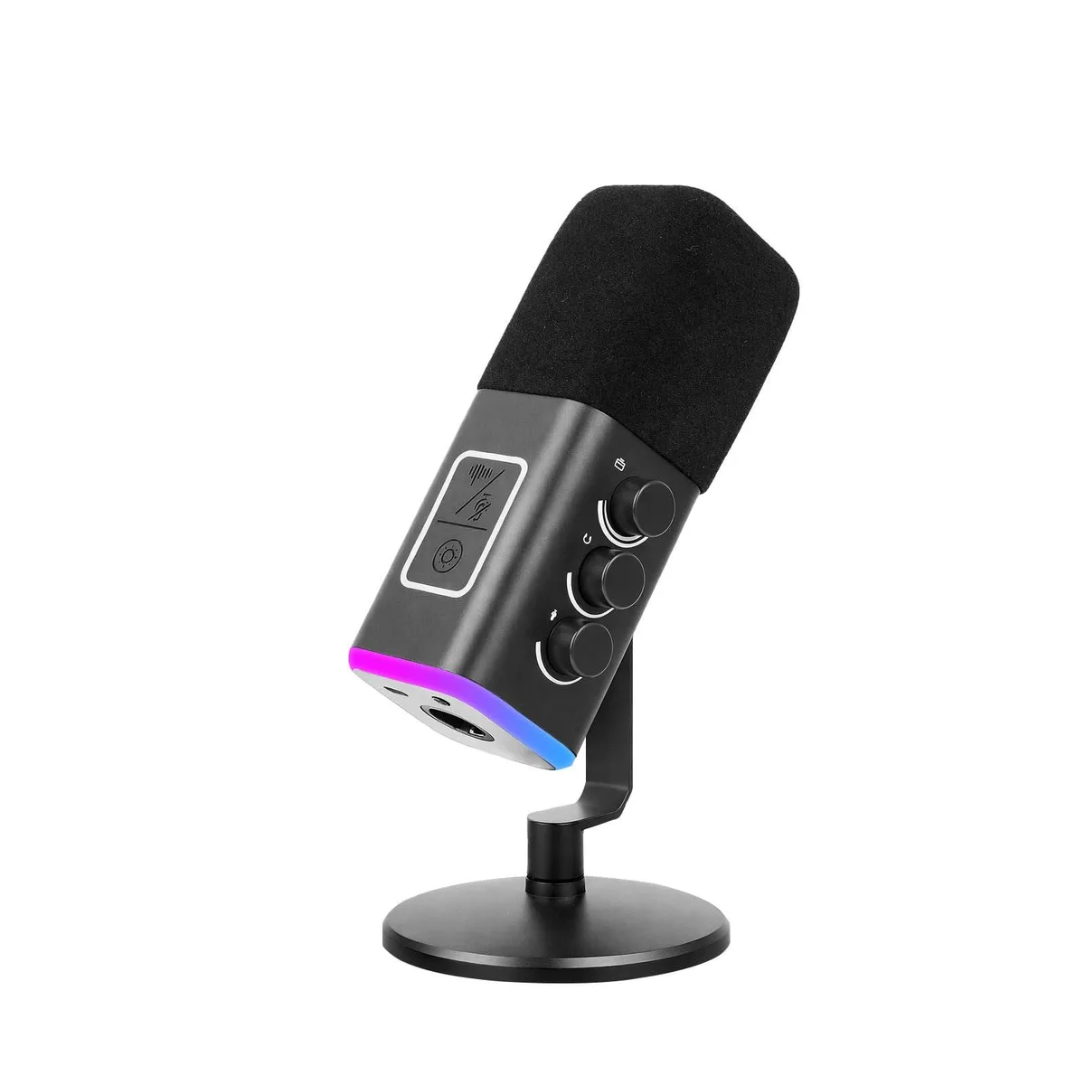 Black cylindrical microphone on a desktop stand with RGB lighting and top-mounted controls