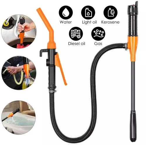 A battery-powered plastic fuel pump with 16-inch suction tube and 47-inch discharge hose