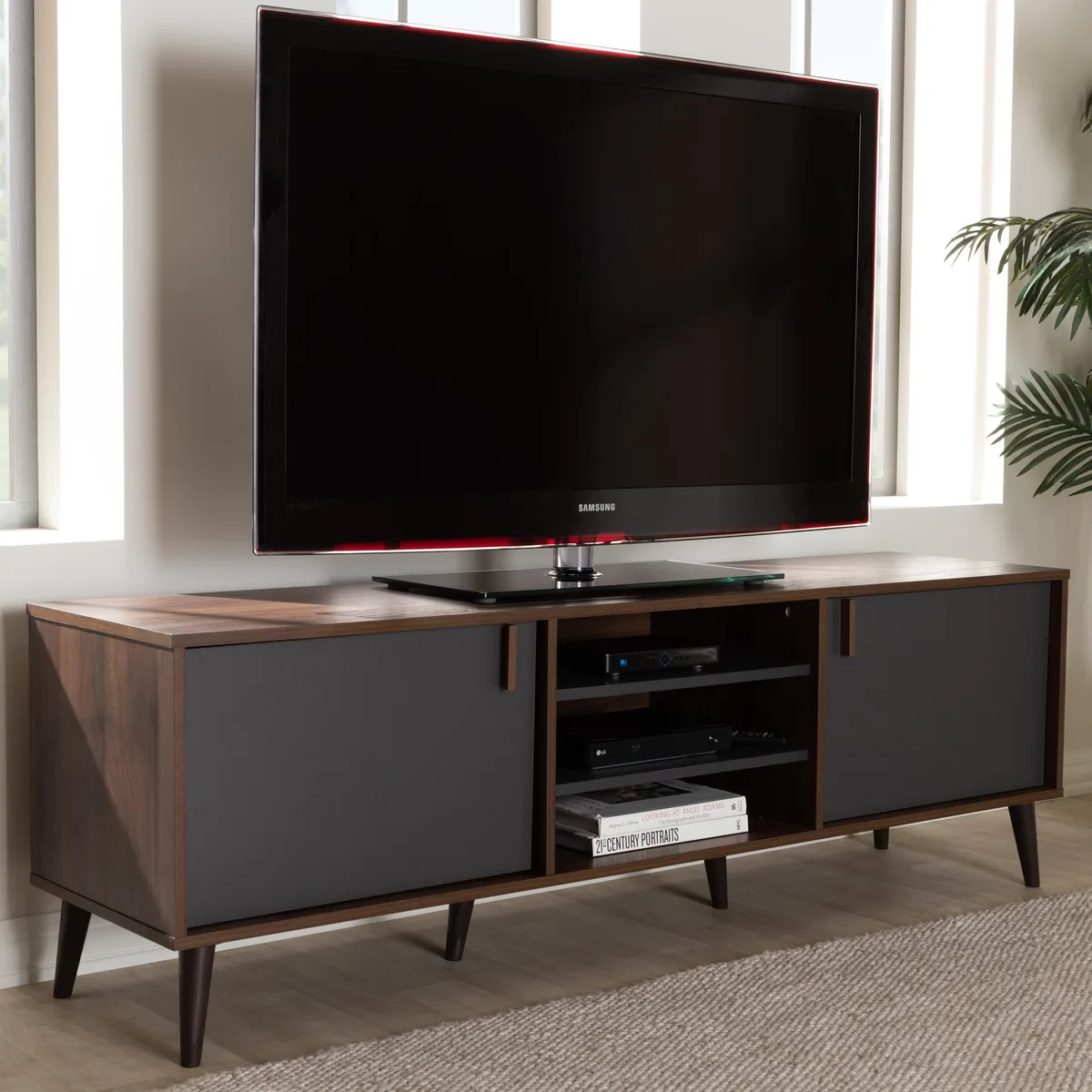 Baxton Studio Baxton Studio Samuel TV Stand Walnut Brown Dark Grey Mid-Century — product photo