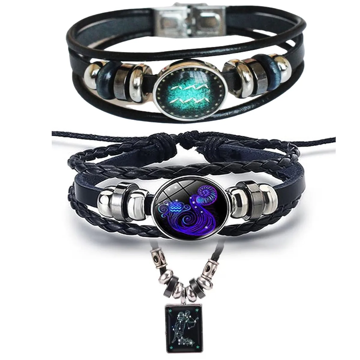 Three adjustable woven bracelets and a pendant in dark tones with Aquarius zodiac charms