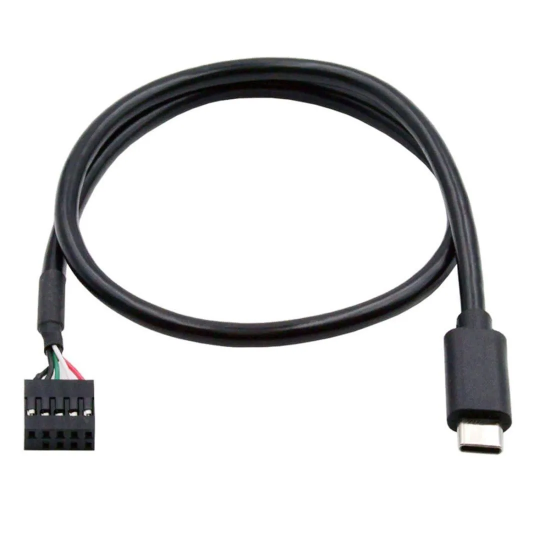 Short black cable with a USB-C plug on one end and a 9/10-pin motherboard header on the other