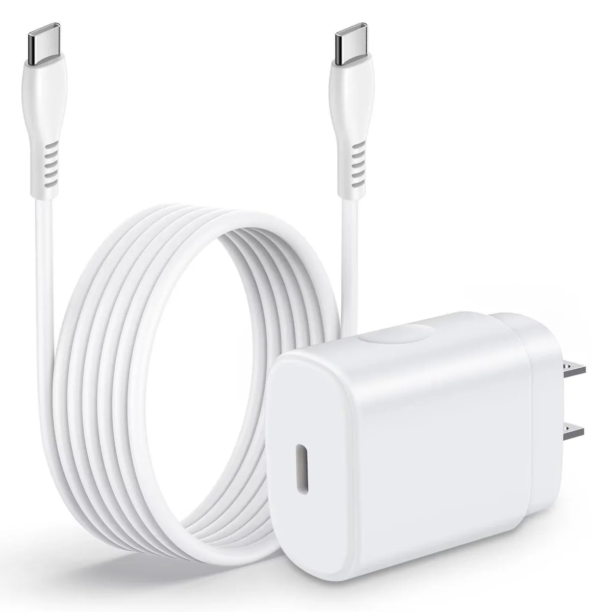 White compact USB-C wall charger with a six-foot white cable attached
