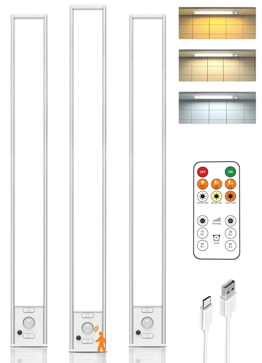 Three white 16-inch LED bars with clear prismatic covers, magnetic mounts, remote and USB cables