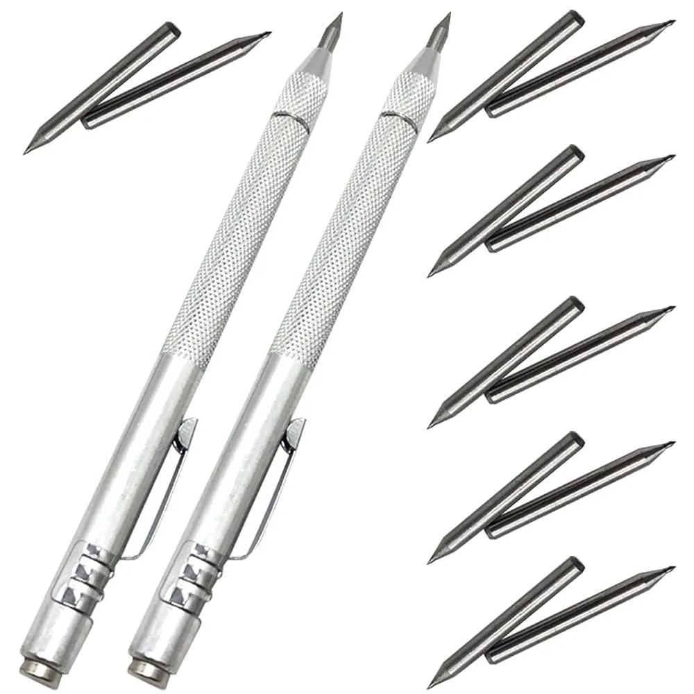 Tungsten carbide scriber pen with pocket clip, knurled handle, leather finish, 12 replacement tips
