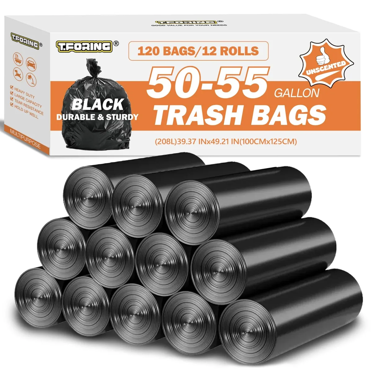 T.FORING 50-55 Gallon Trash Bags 40'' x 50'' Black 120 Count — product photo