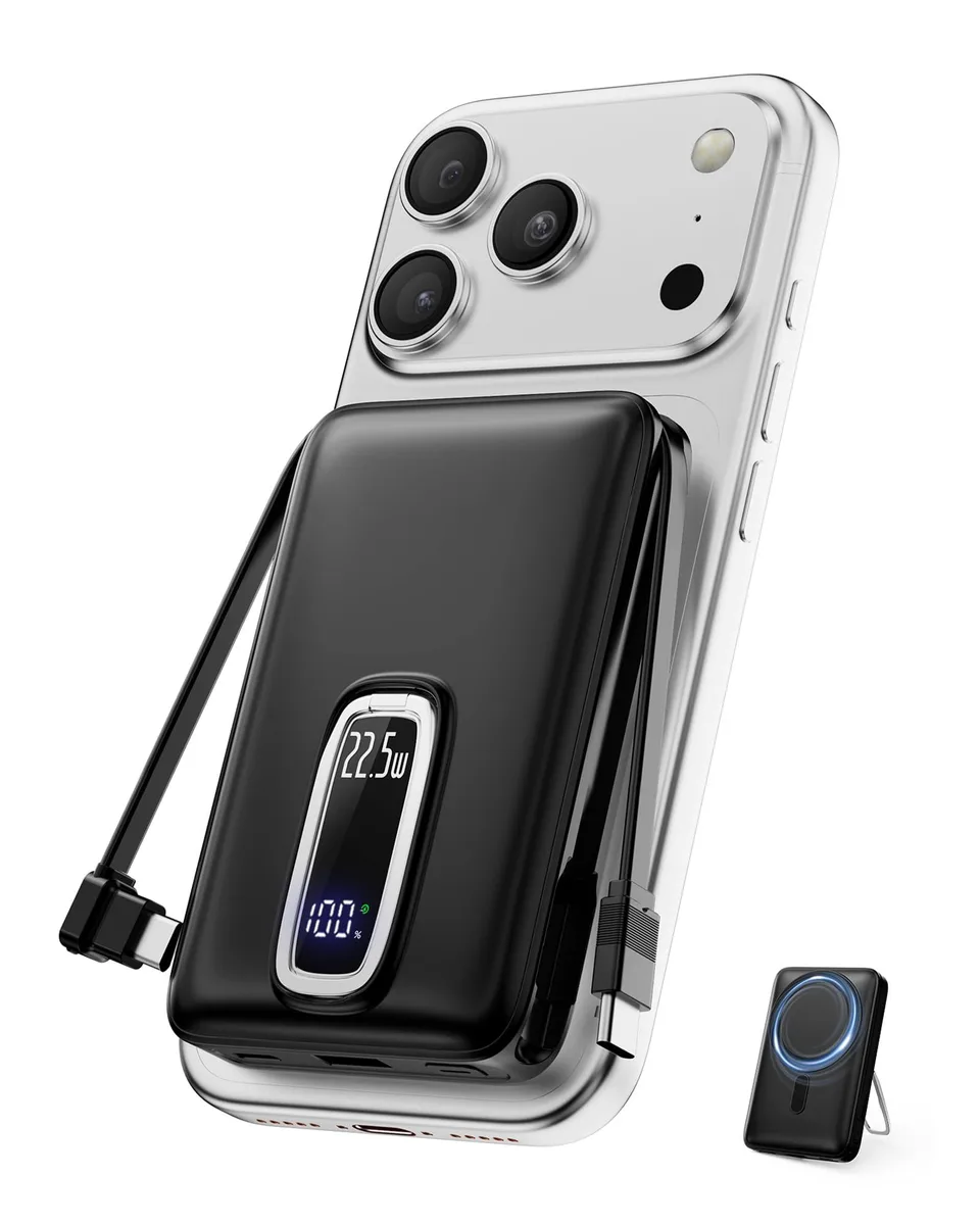 Black rectangular power bank with foldable stand and attached USB-C cable