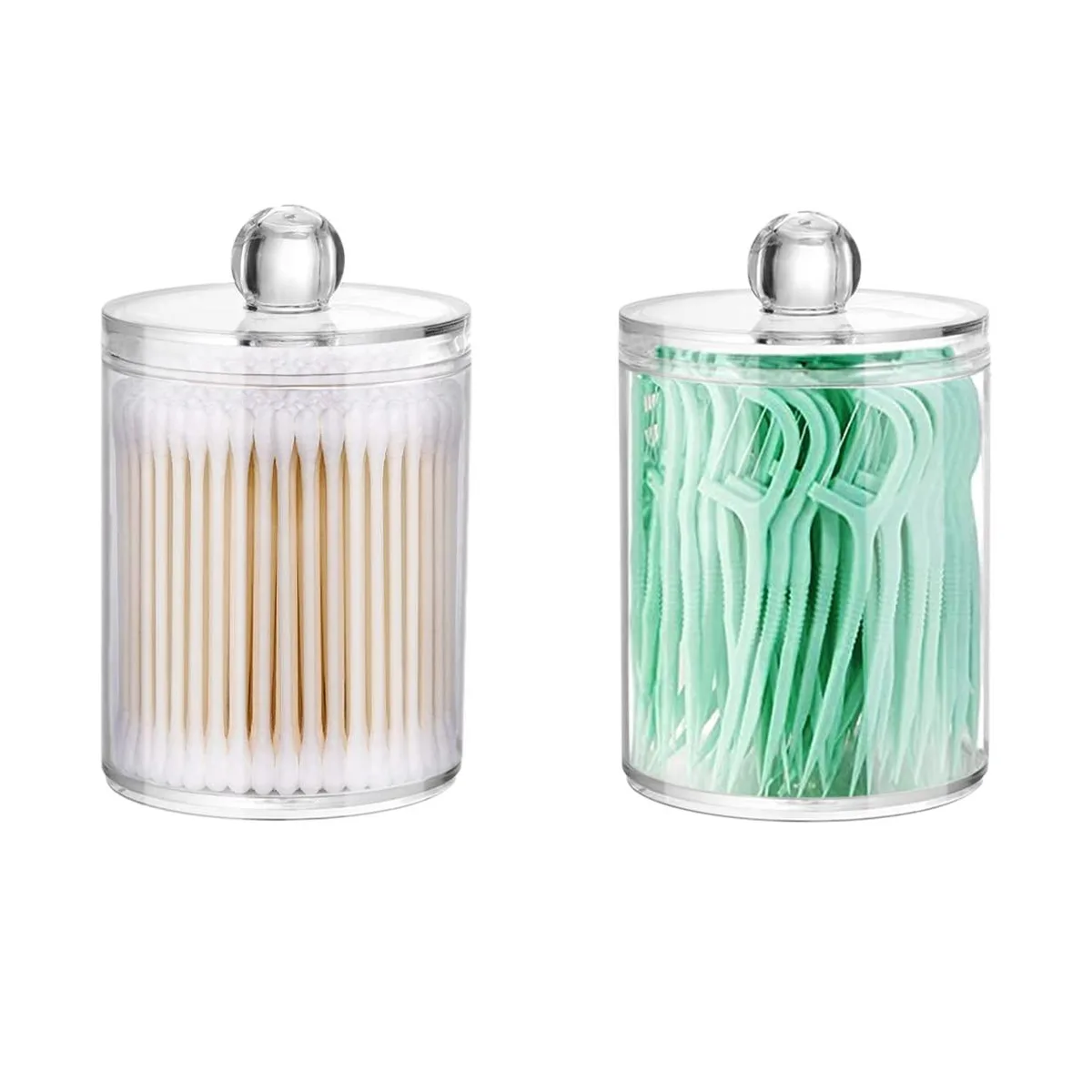 Two clear plastic apothecary jars with lids, 2.7 by 3.5 inches each