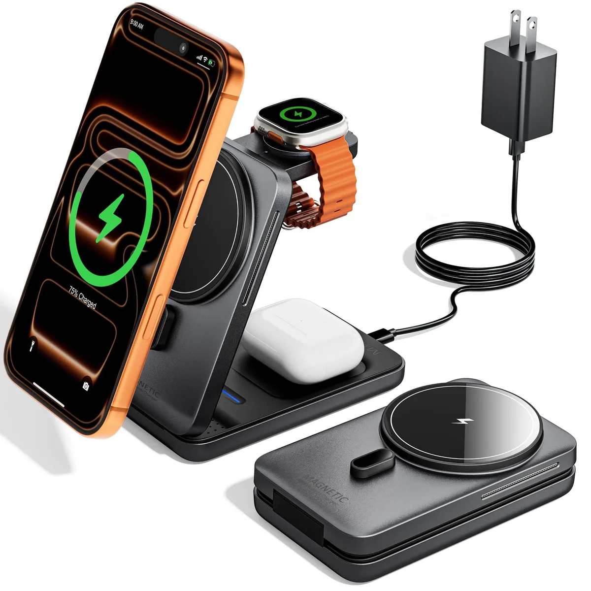  KPON S28 Foldable 3-in-1 MagSafe Wireless Charger Grey — product photo