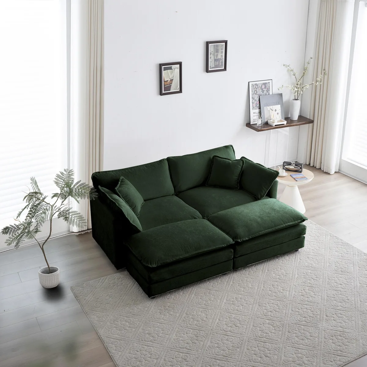 Green chenille four-piece sectional with two-seater and two ottomans
