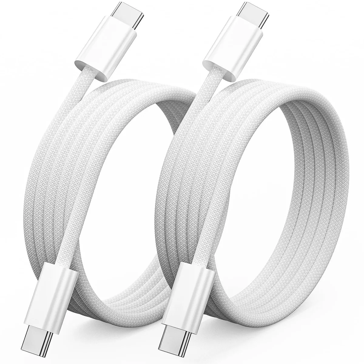 Two white nylon-braided USB-C to USB-C cables, each three feet long