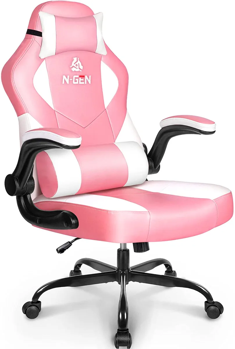 Pink and black gaming chair with high back, adjustable lumbar cushion, removable headrest, flip-up arms and PU leather finish