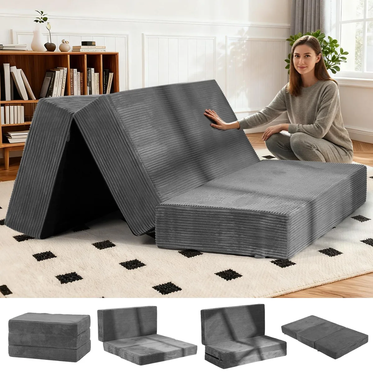 Grey tri-fold foam mattress folded into a compact rectangle with carry handles