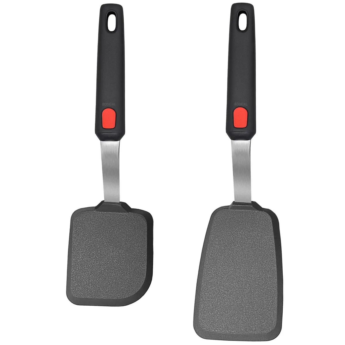 Two black silicone spatula turners 11.3 in long with stainless steel core