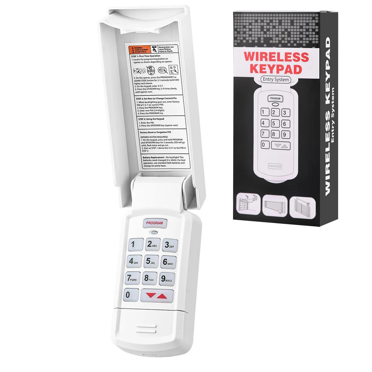 Black rectangular garage door keypad with backlit number buttons, wall-mount design