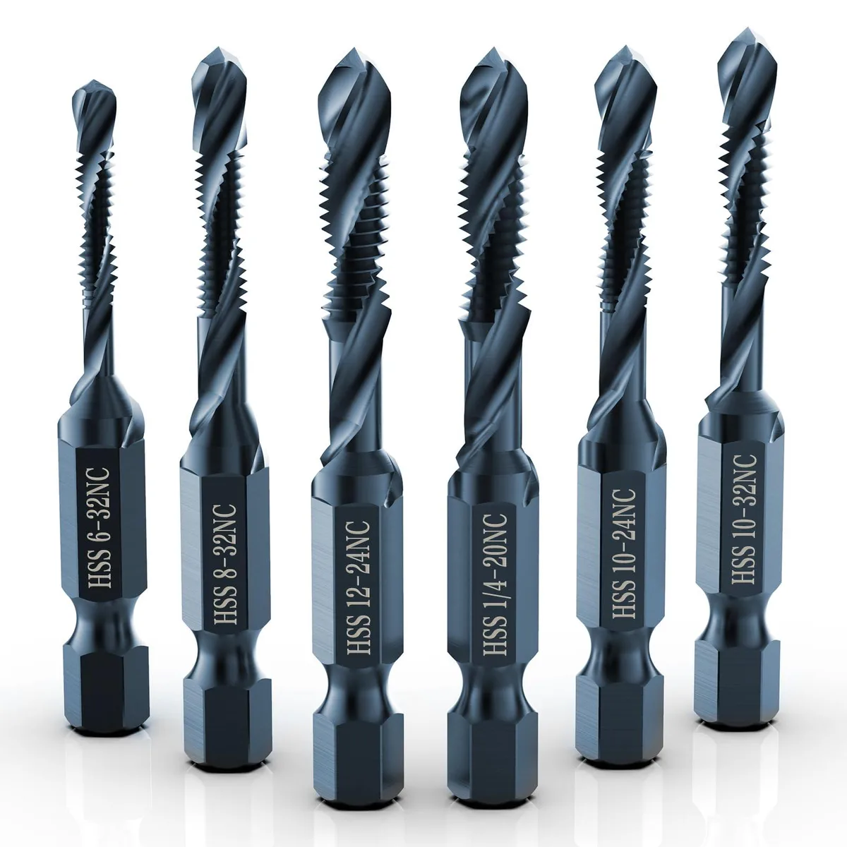 Six black titanium-coated drill-tap bits with hex shanks in a storage case