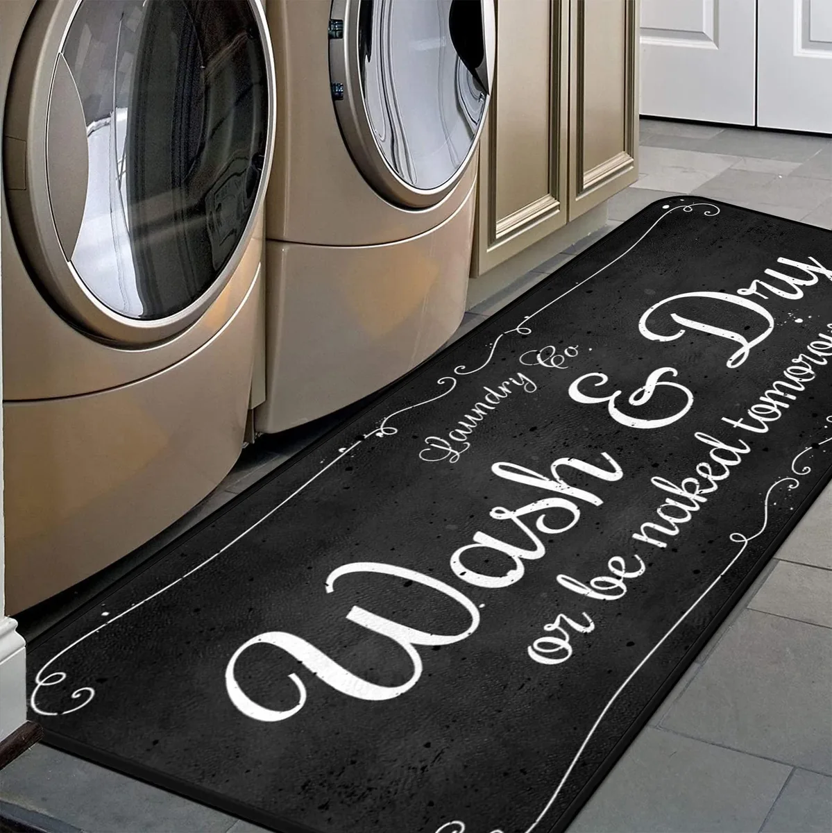 Black polyester runner rug 40 by 20 inches with non-slip dots