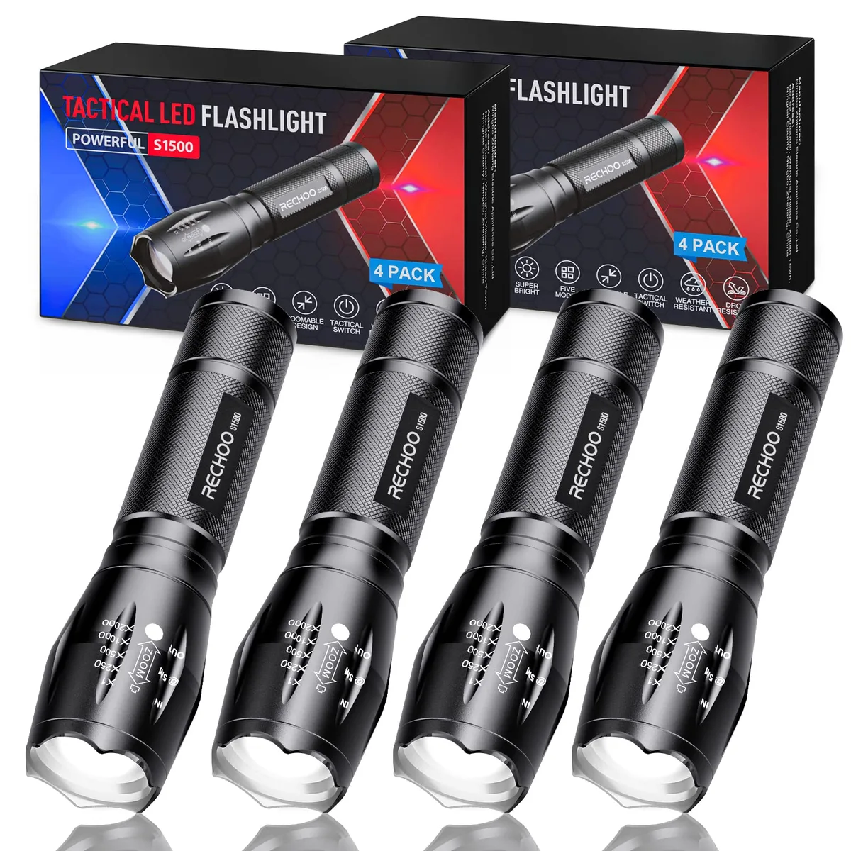 Four black aluminum tactical flashlights with zoomable heads and wrist straps