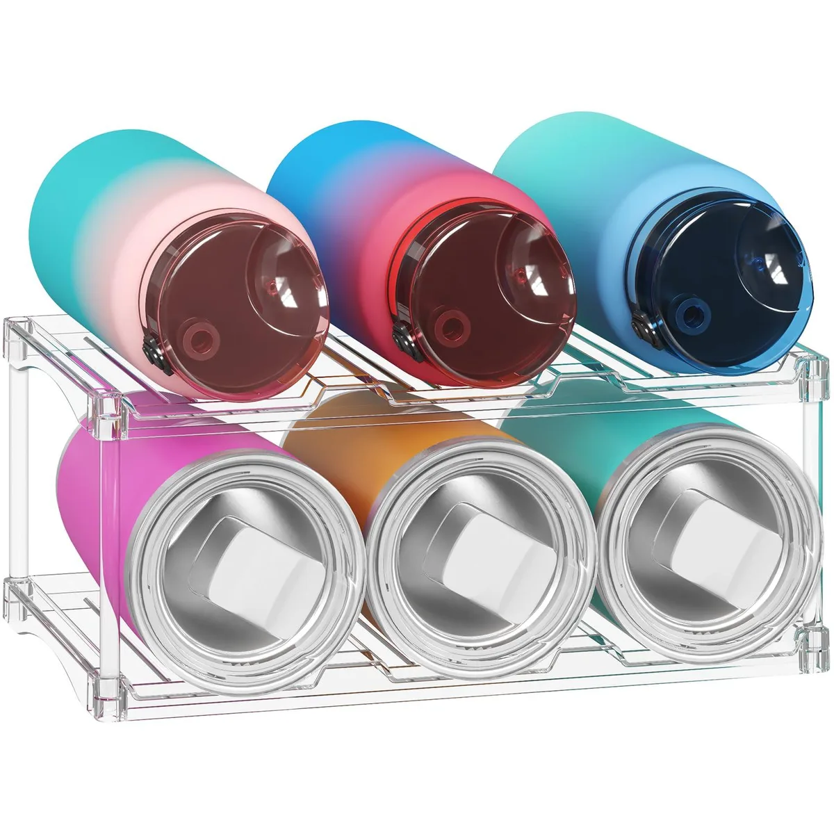 Clear plastic two-tier bottle rack, 30.8 by 19 by 12.8 cm, holds six bottles