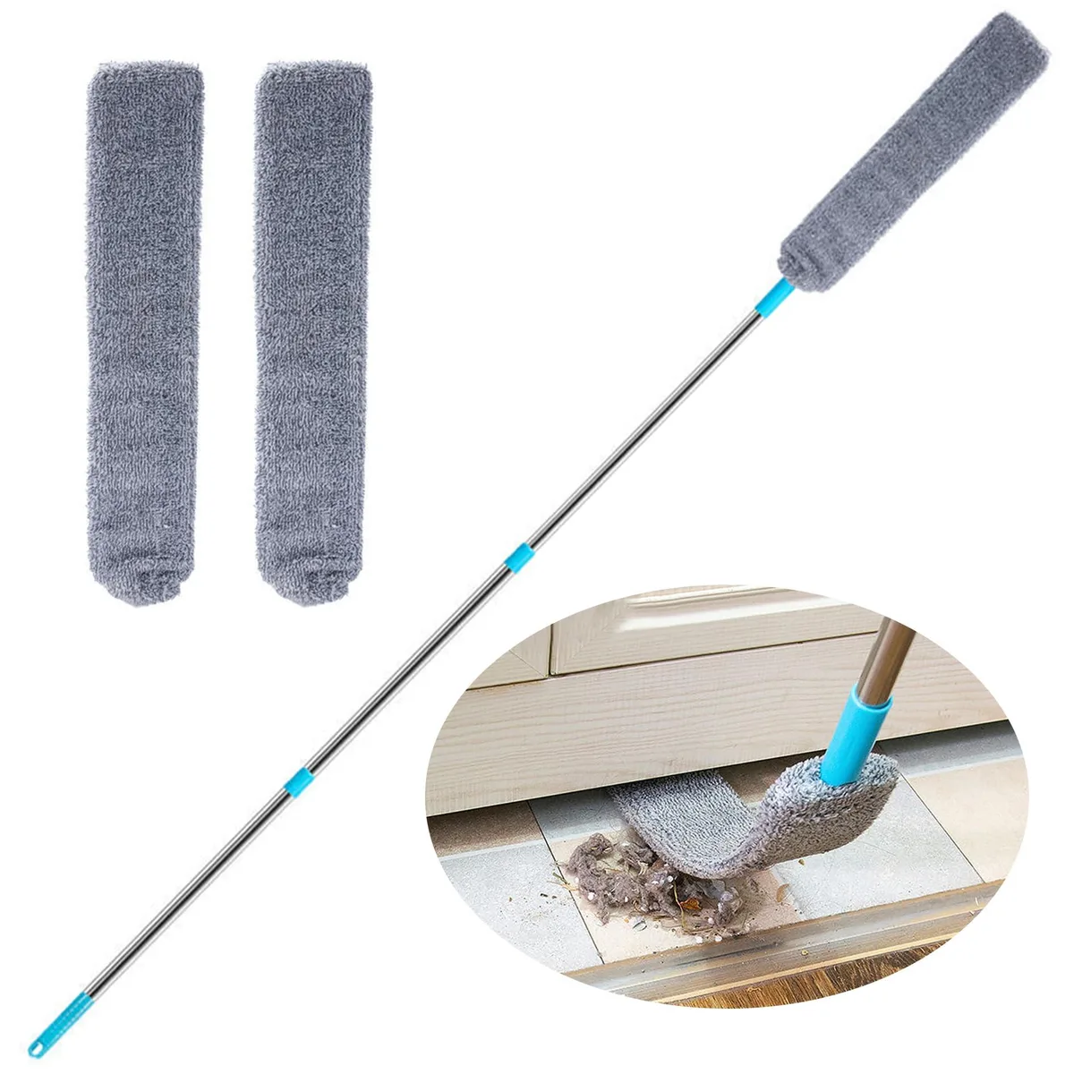 Flat microfiber duster on extendable stainless pole, 31.5 to 59.1 inches