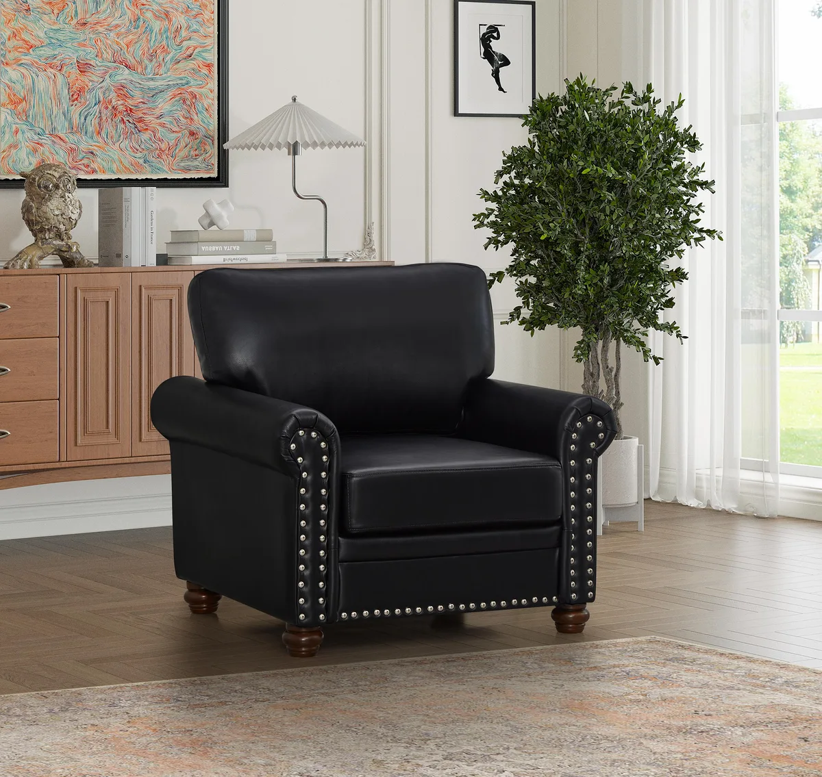 tuphen tuphen Single Seat Chair Black PU Leather Wood Legs — product photo