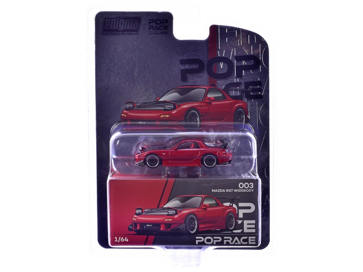Pop Race Pop Race Mazda RX-7 Widebody RHD Red Metallic Carbon Hood Enigma Exclusive Edition 1/64 Hobby Collectible — product photo