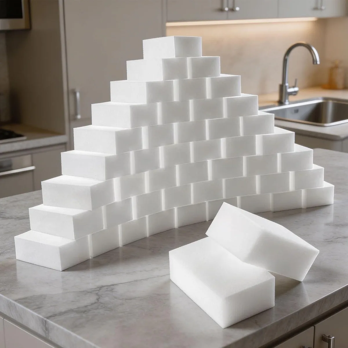 White rectangular melamine foam blocks, 50 pack, 3.93 by 2.76 by 1.18 inches