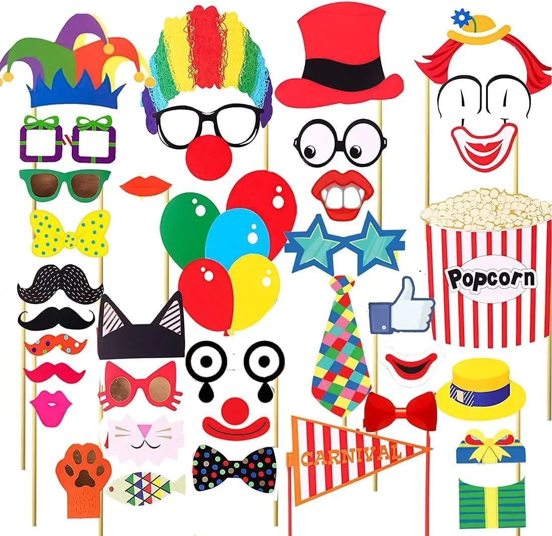 Roll of 36 white card-stock circus photo props on bamboo sticks