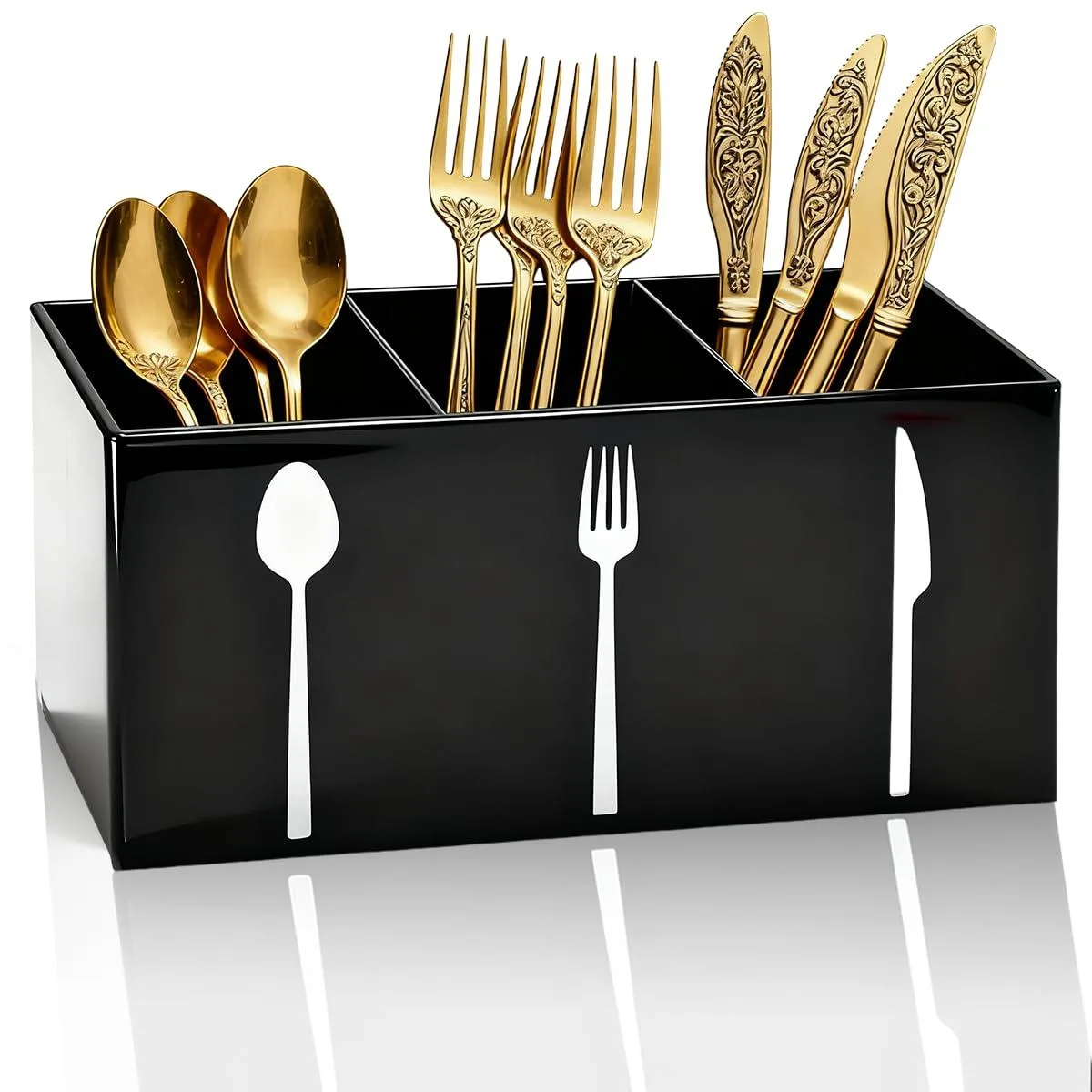 Red plastic cutlery organiser with three compartments, glossy black edges, transparent sides, textured base