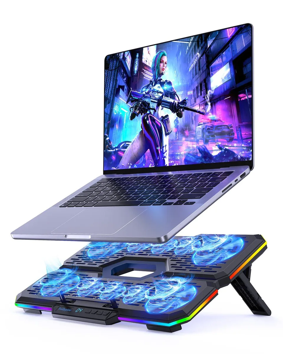 Black rectangular laptop cooling pad with ten fans and RGB lighting strip