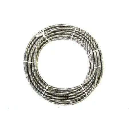 A coiled steel drain cable with inner core, 5/8 inch diameter, 50 feet long