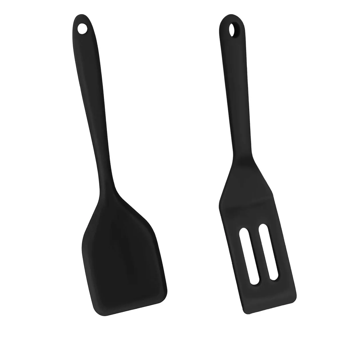 Two black silicone spatulas, one solid and one slotted, with hanging holes
