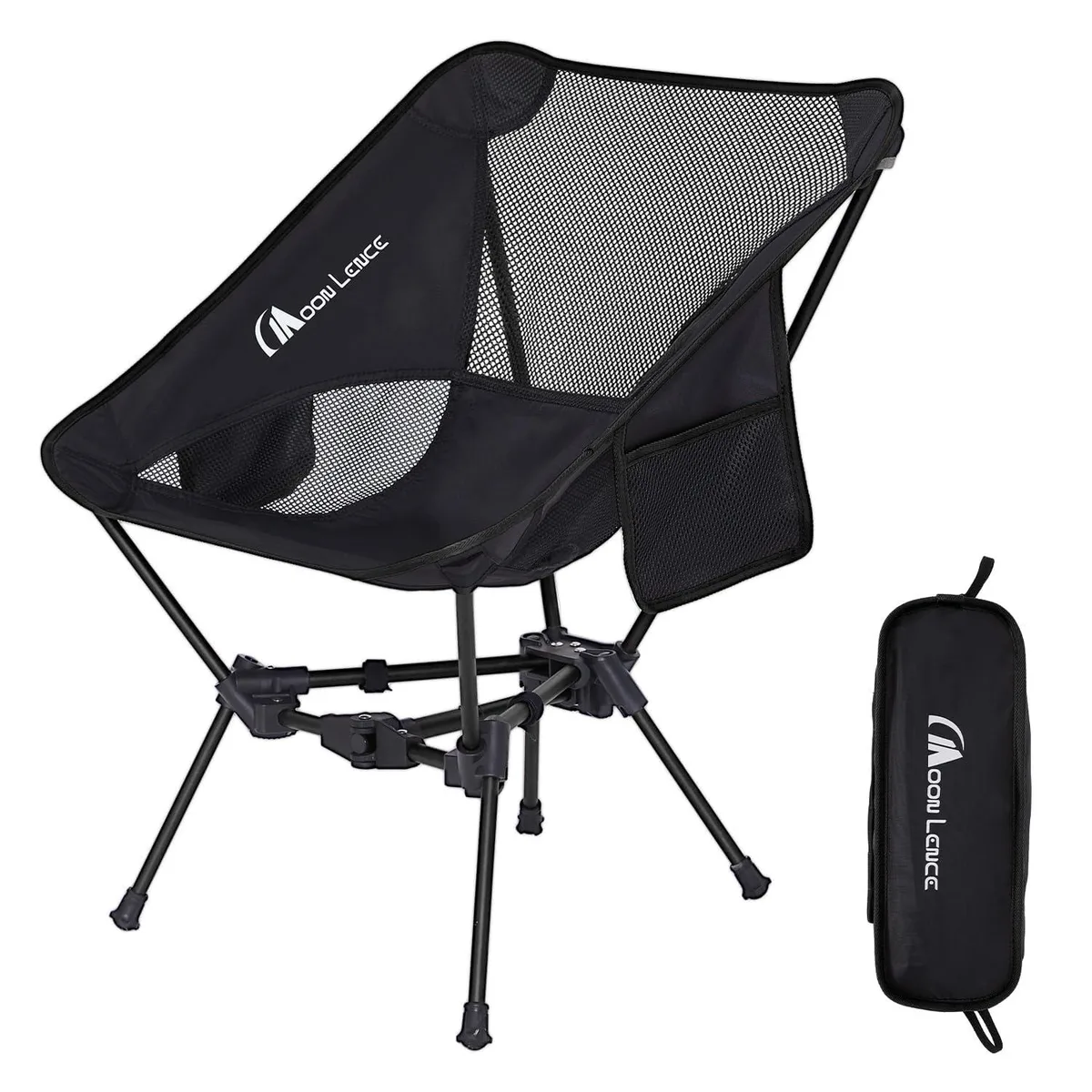 Black ultralight folding chair with mesh back and aluminum frame, folded into compact cylinder