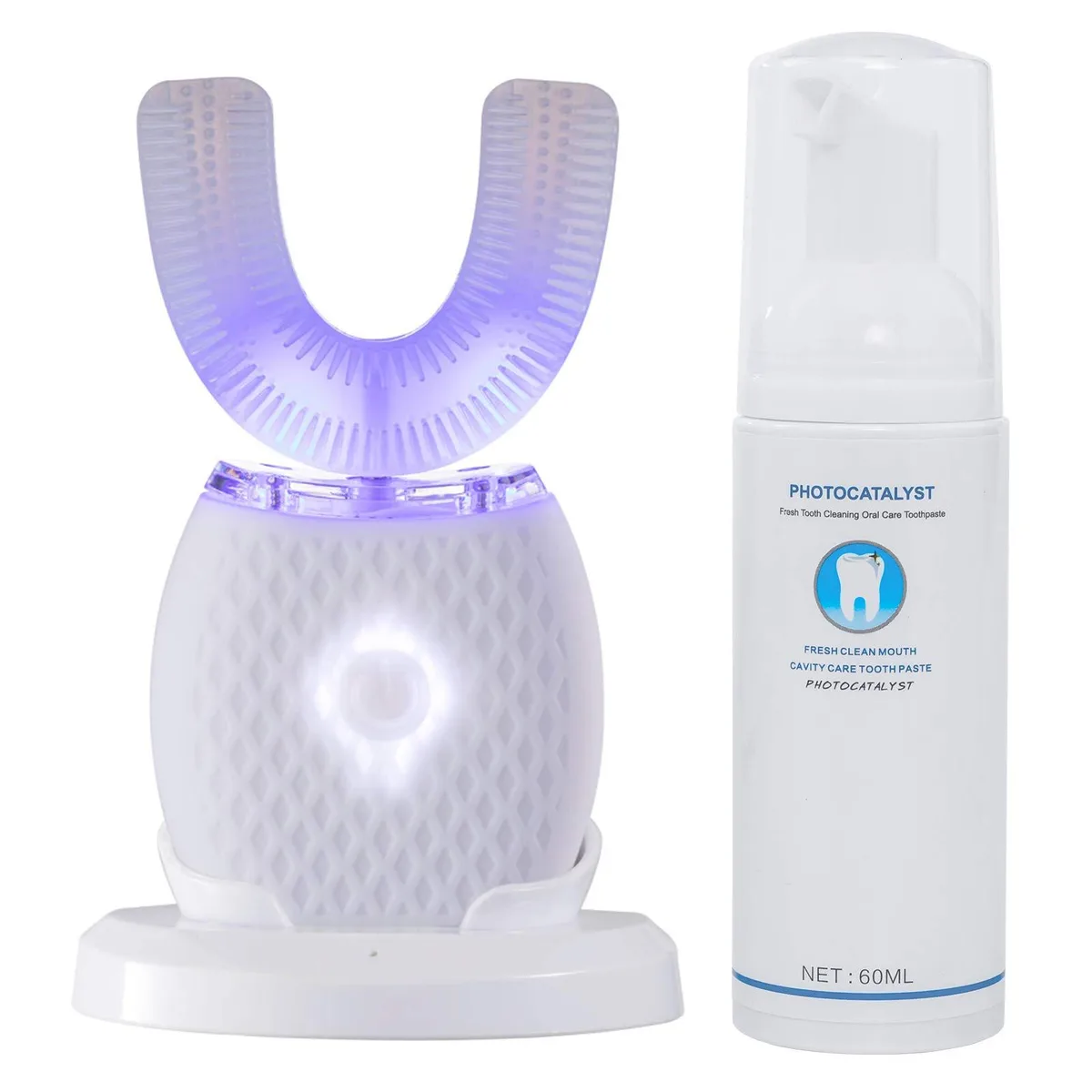 White U-shaped ultrasonic toothbrush with wireless charging base