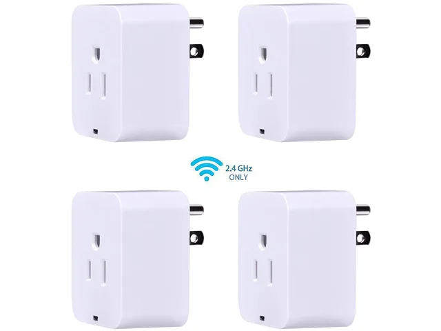 Four compact white smart plugs with a matte finish and compact rectangular form factor