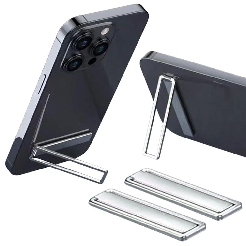 Two slim silver metal phone kickstands lying flat, each folding to 180 degrees