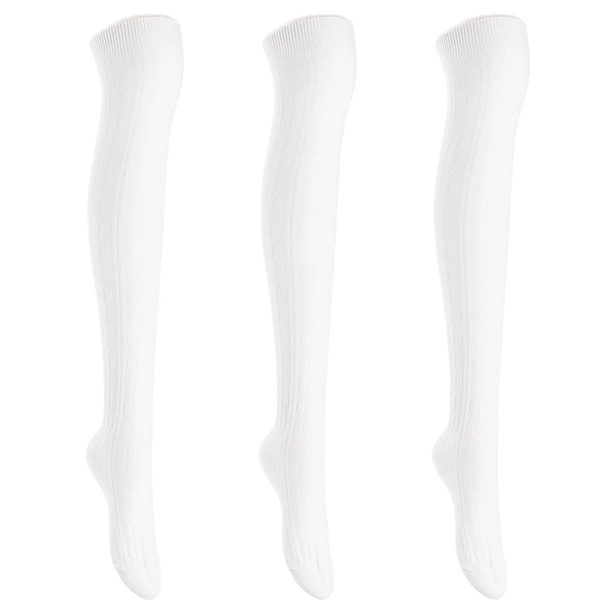 Three pairs of cream cotton thigh-high socks