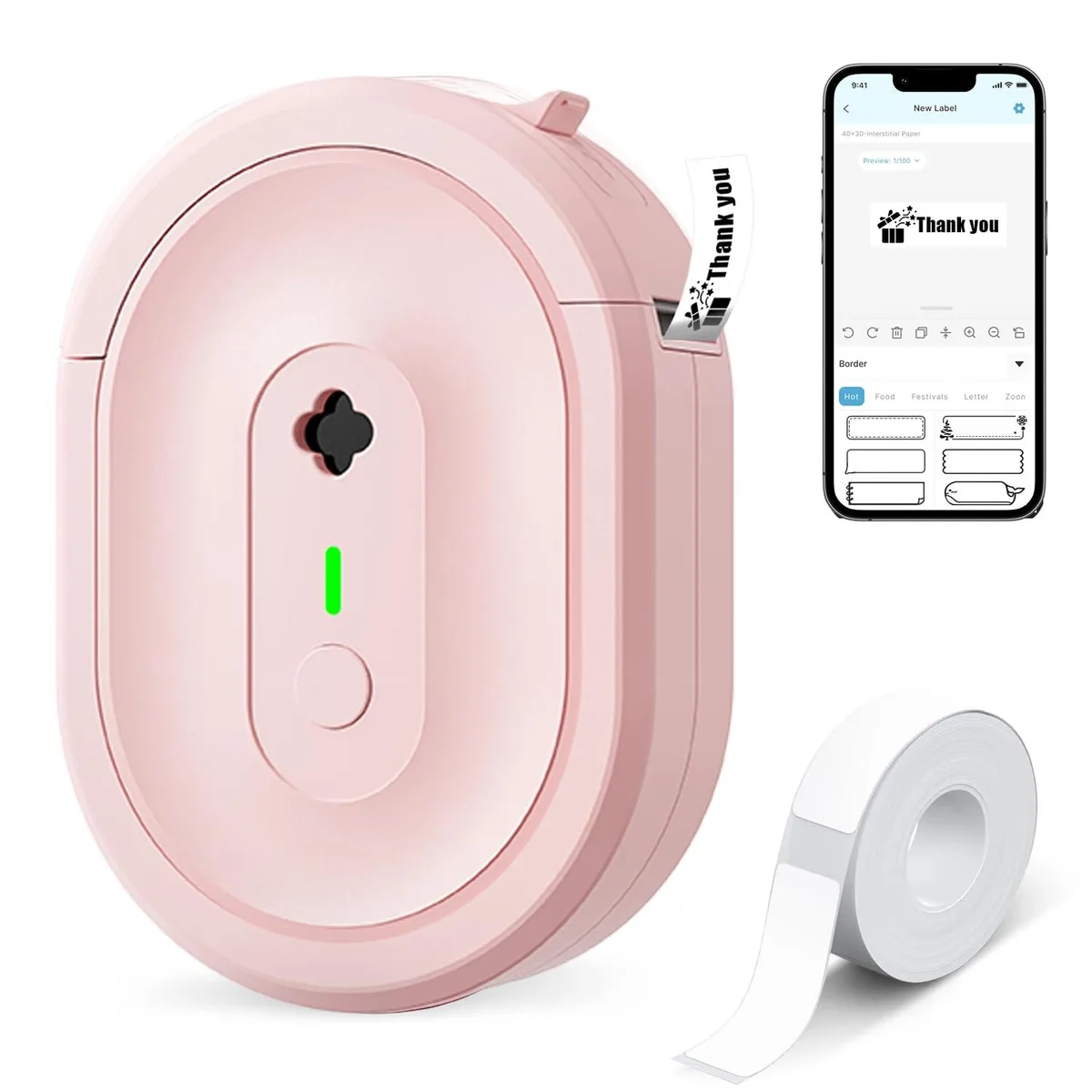 Compact pink label printer with Bluetooth, 0.59 inch print width, 203 DPI thermal printing