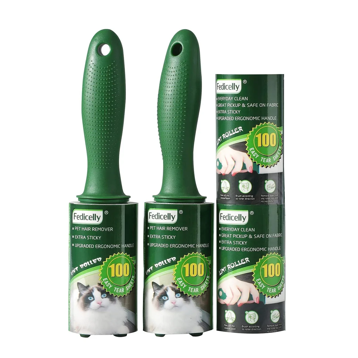 Two lint rollers with ergonomic handles and four refill packs totalling 400 sheets