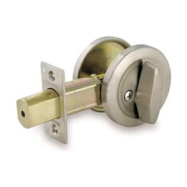 Satin chrome cylindrical deadbolt with single cylinder and rectangular faceplate